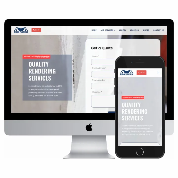 Desktop and mobile screenshots of the Render Plaster UK website