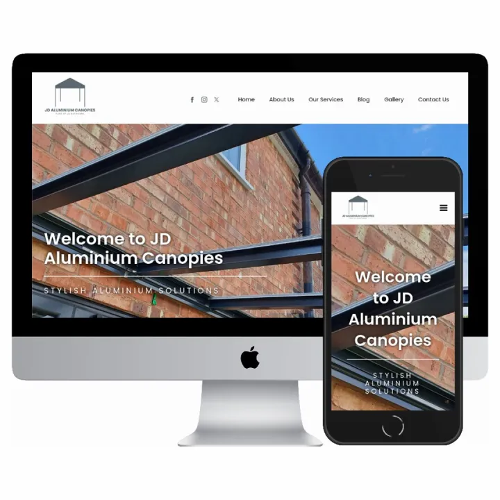 Desktop and mobile screenshots of the JD Aluminium Canopies website