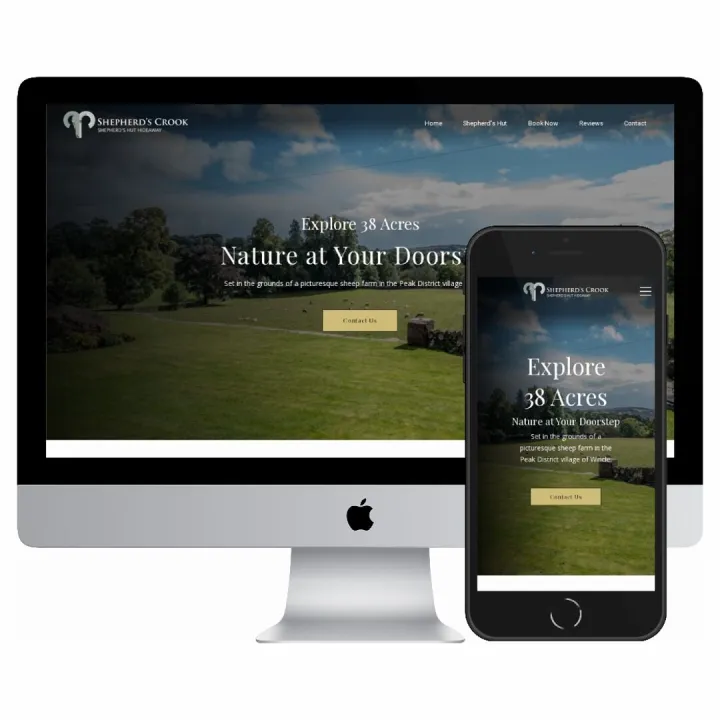 Desktop and mobile screenshots of the Shepherds Crook Huts website