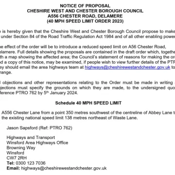 A556 Speed Limit Change Notice 11/2023