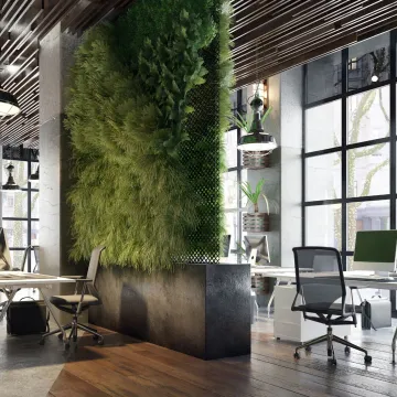 Restaurant or café interior with greenery wall