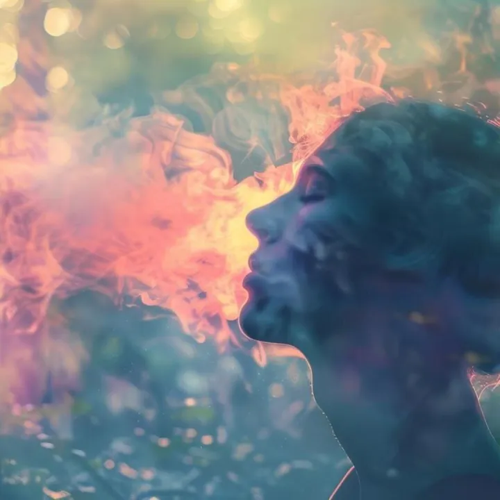 A creative visualization of a person breathing in mist from