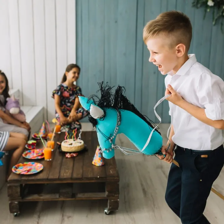 Boy riding hobby horse on birthday party