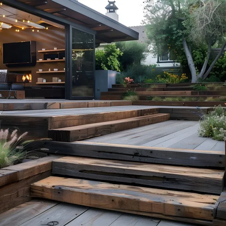 Rustic wooden patio stairs leading to a welcoming outdoor se