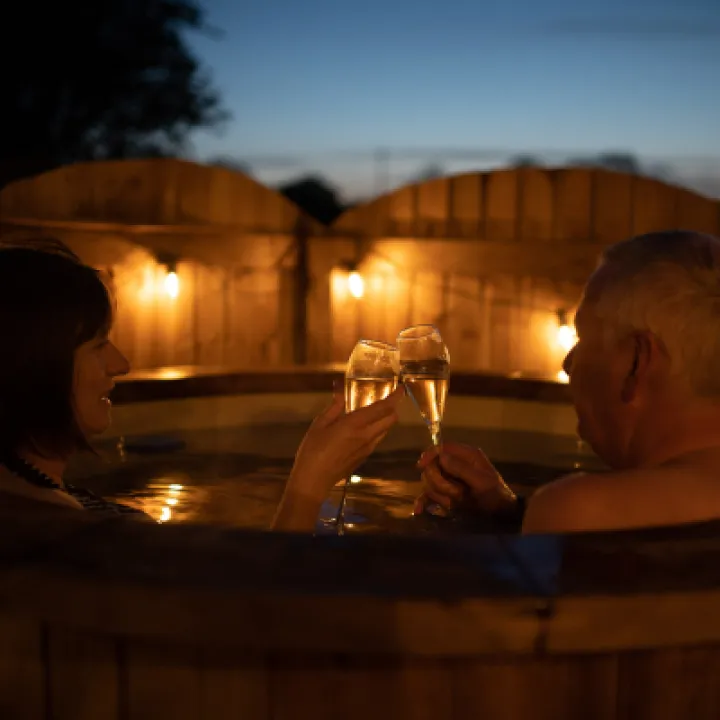 Overwater Luxury Glamping Hodnet Hot Tub at Night 1 