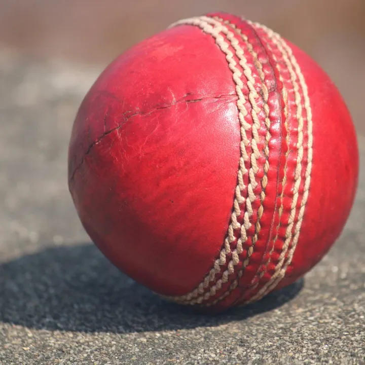 Detailed view of a textured red cricket ball outdoors in sunlight.