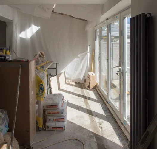 A construction area featuring renovation work in p