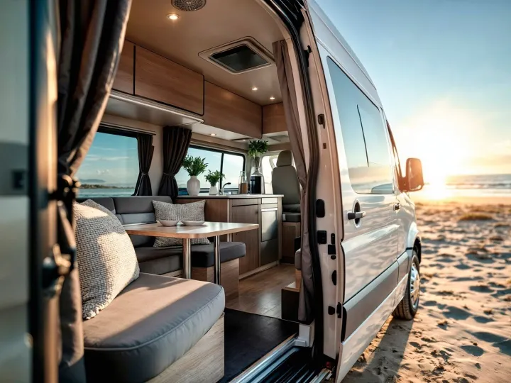 Cozy van interior prepared for camping