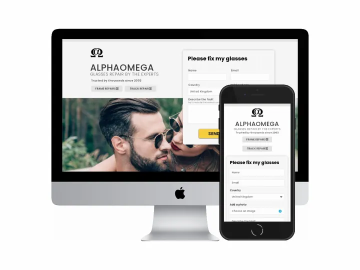 Desktop and mobile screenshots of the AlphaOmega Frame Repairs website