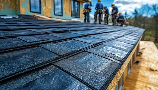Craftsmen working diligently to install new roofing on a hou