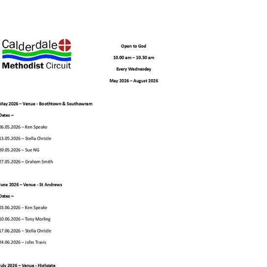 Open to God &ndash; May 2026 &ndash; August 2026