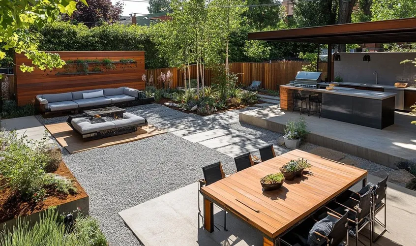 Landscaped garden with outdoor seating, a dining table and an outdoor kitchen