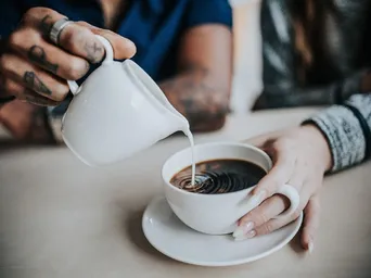 Coffee, milk, hands, pour, coffee cup, pouring