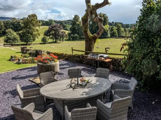 The patio dining area overlooking the farm’s fields