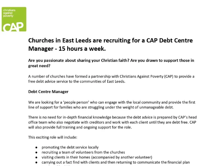Job Ad &ndash; Debt Centre Manager East Leeds