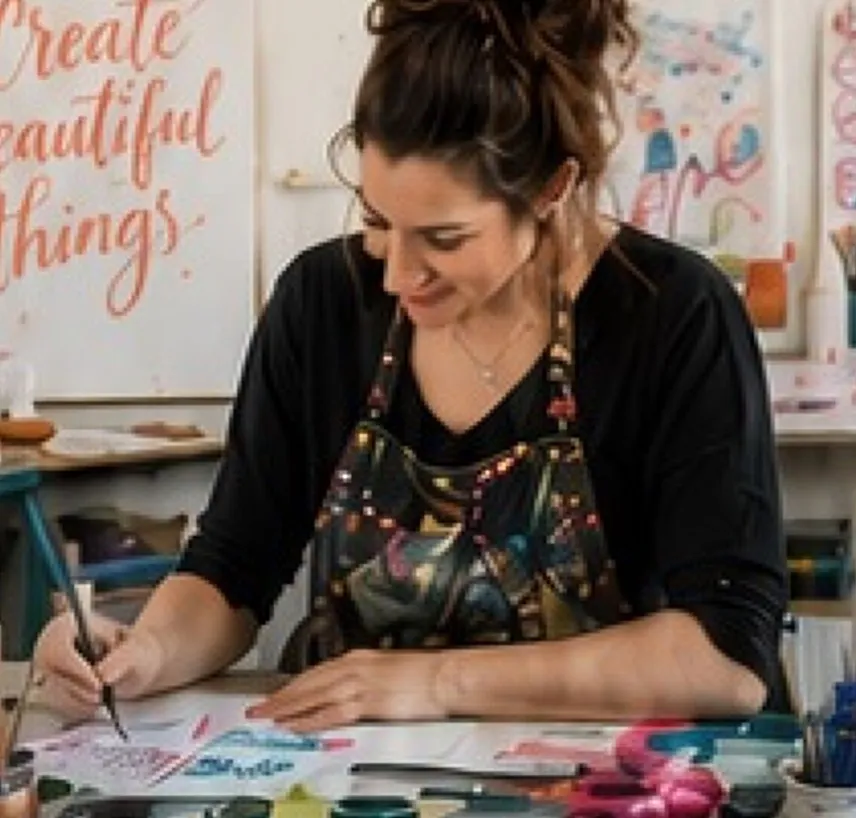 Naomi hand lettering at her studio desk surrounded by paints and brushes