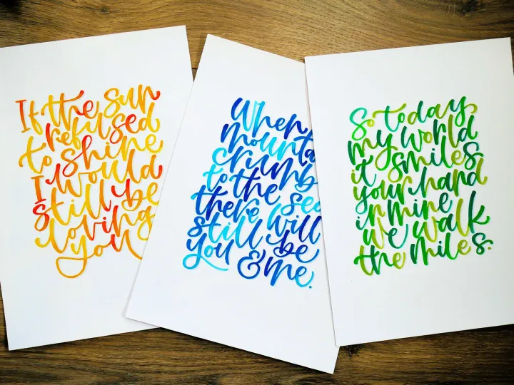 Three hand lettered quote cards in sunrise orange blue and green