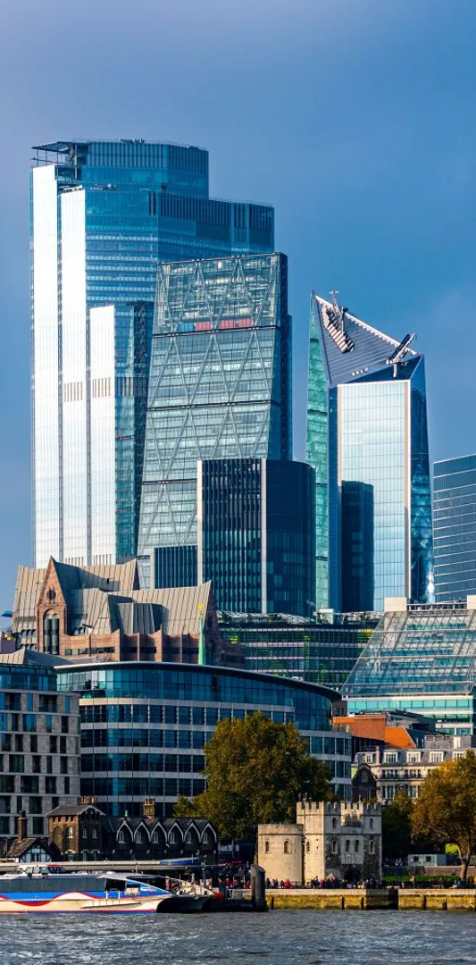 City of London skyline of commercial office towers seen across the Thames