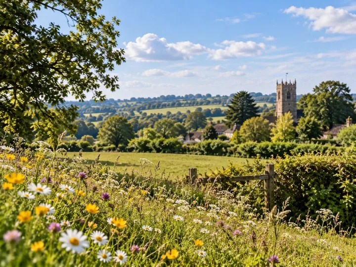 Summer wildflowers with the village church beyond