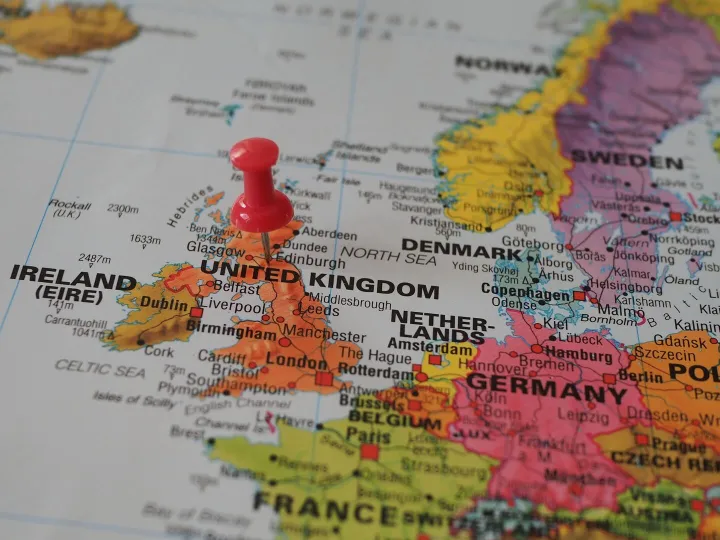 Close-up of a European map highlighting the UK