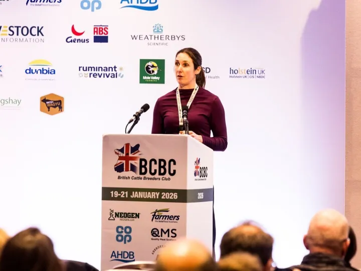 Devon dairy farmer Cath Ratcliffe speaking at the 2026 British Cattle Conference