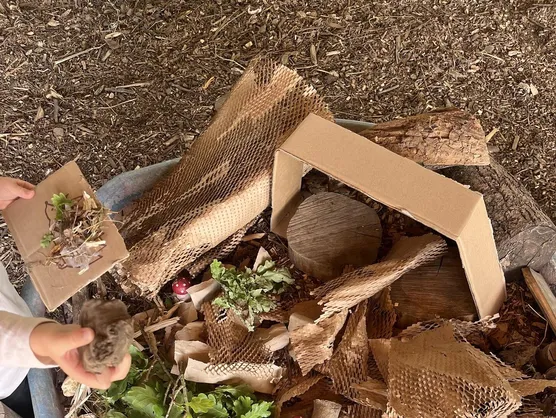 A child arranging cardboard, leaves and berries in a loose parts tray