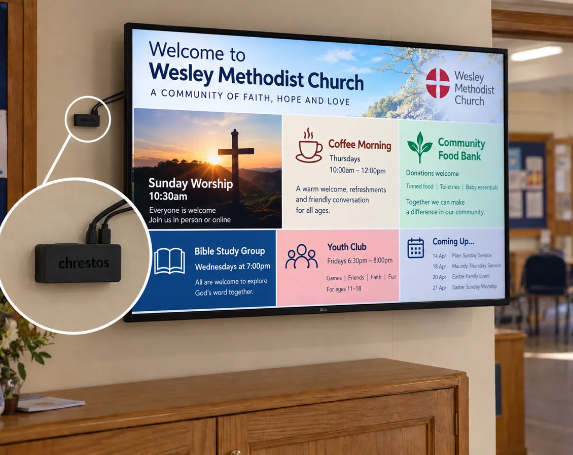 A church foyer screen showing a Chrestos digital signage slide, with the small Chrestos control unit mounted beside it