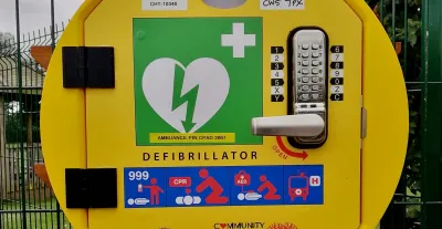 The defibrillator fence mounted and available 247