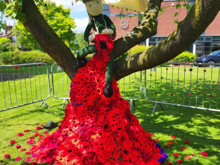 A figure in a tree wearing a long dress made of red poppies, Alsager D-Day