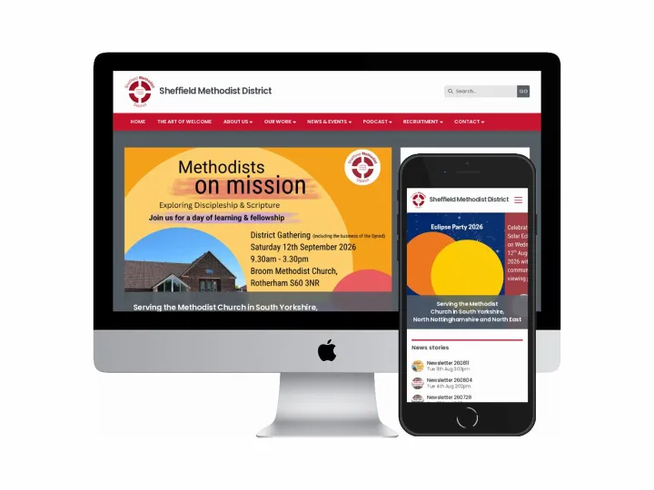 Desktop and mobile screenshots of the Sheffield Methodist District website