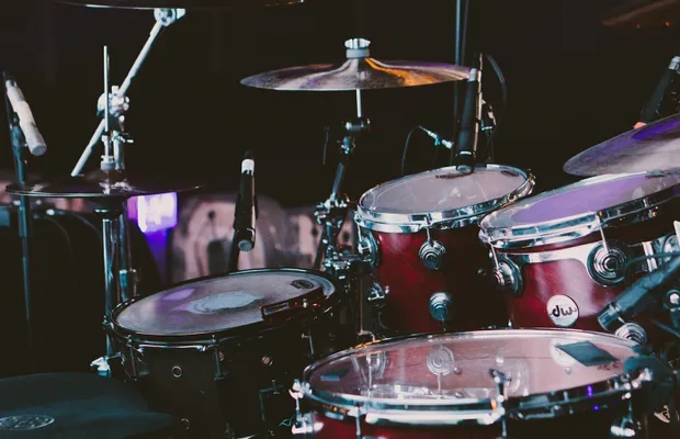 Drum set on stage ready for a performance