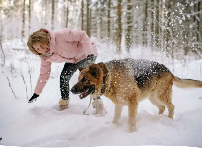 Woman Playing with a Dog on Snow Covered Ground