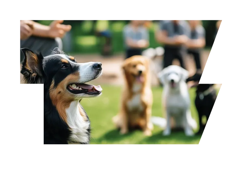 Professional dog trainer teaching obedience commands to a gr