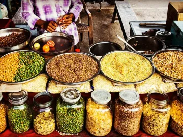 Colorful display of spices and legumes in a