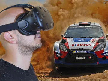 Mock-up of a man with VR headset with rally car in the backgrounds