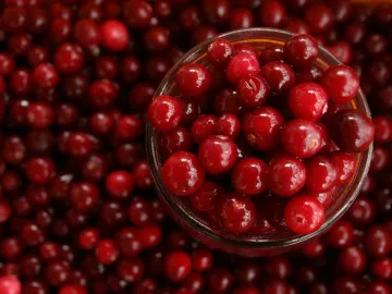Close-up of vibrant cranberries in a glass bowl