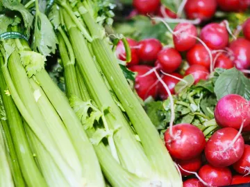 Close-up of fresh celery and radishes on display