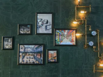 Assorted Paintings on Green Wall