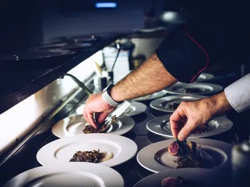 Chef, cook, plate, dish, meat, preparing, desert, hands, watch, kitchen, blue kitchen, nature, blue cooking, blue desert, blue meat, blue watch, blue chef