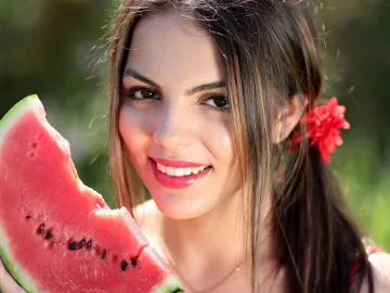 Woman, watermelon, nature, summer, beautiful
