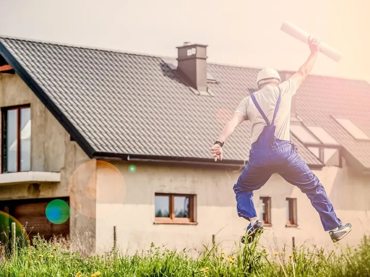 Architect, man, jump, jumping, building, joy, plan