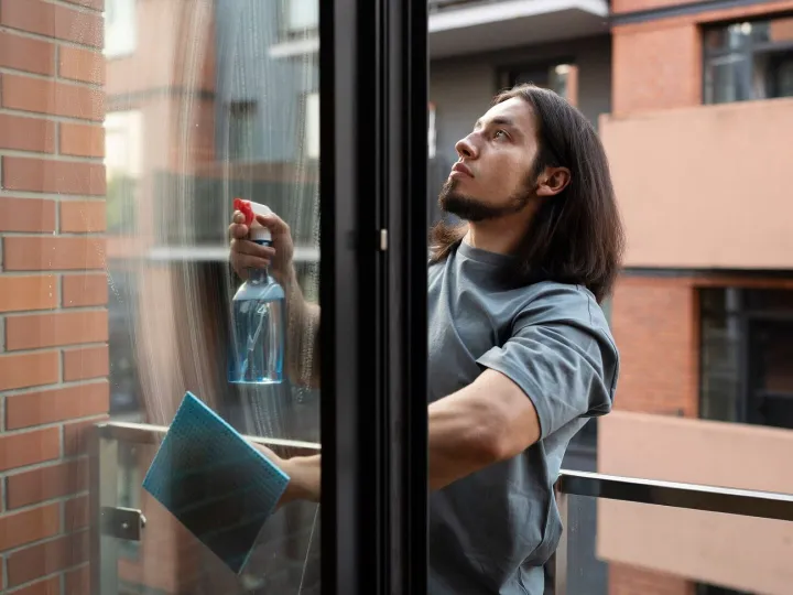 Side view man cleaning window