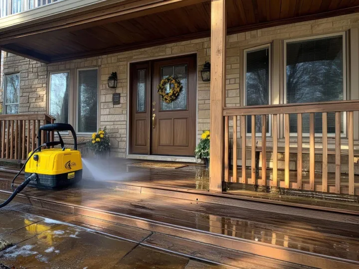 A house with a pressure washer on the porch