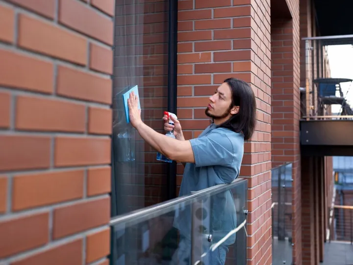 Man cleaning window side view