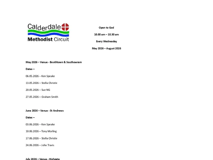 Open to God &ndash; May 2026 &ndash; August 2026
