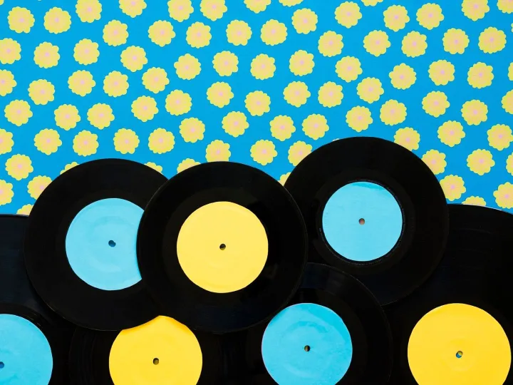 Vintage music concept with seven vinyls