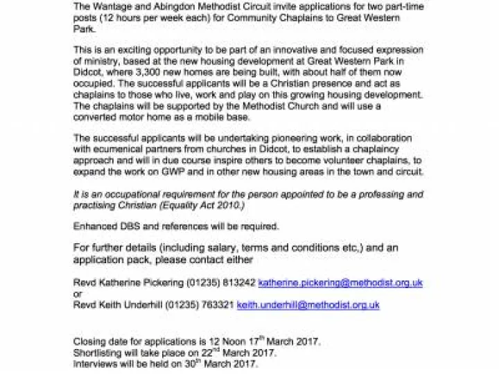 Advert – COMMUNITY CHAPLAINS TO GREAT WESTERN PARK